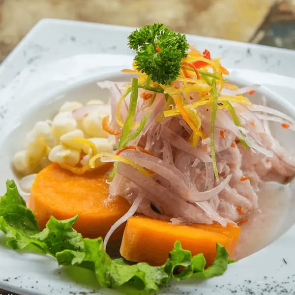 Peruvian ceviche with fish, red onions, corn, sweet potato, and lettuce on a white plate.