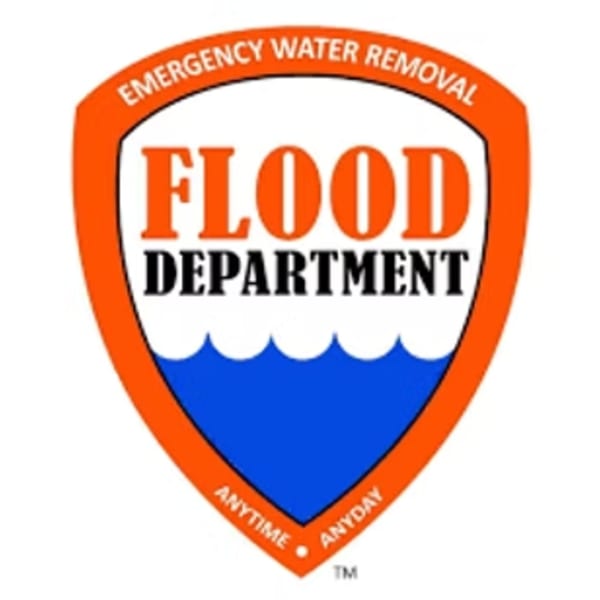 Orange and blue shield logo for "FLOOD DEPARTMENT Emergency Water Removal" with wavy lines representing water.