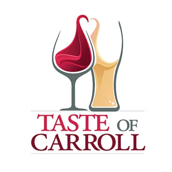 Logo for "Taste of Carroll" featuring a wine glass with red liquid and a beer glass with yellow liquid.