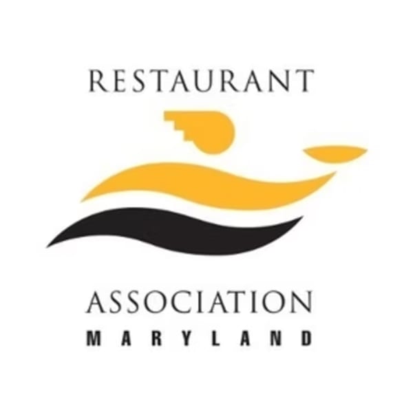 Logo for Restaurant Association Maryland, featuring a yellow whistle and black and yellow abstract shapes.