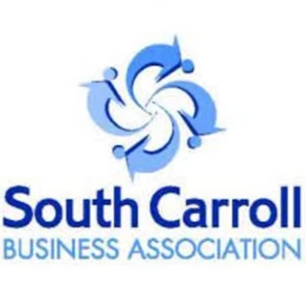 Logo for South Carroll Business Association with blue swirling arrows and figures.
