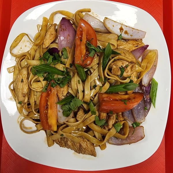 Peruvian Lomo Saltado with chicken, noodles, red onions, tomatoes, and green onions on a white plate.