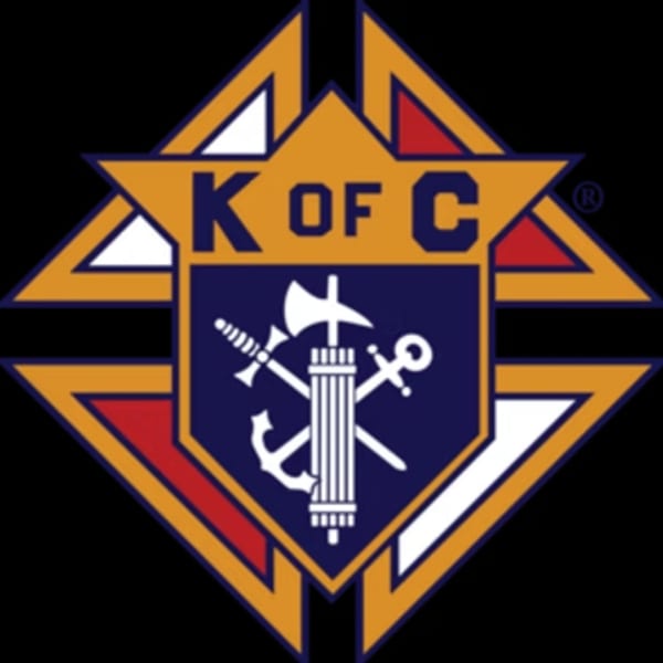 The Knights of Columbus logo, featuring a shield with a fasces, anchor, and sword, on a black background.
